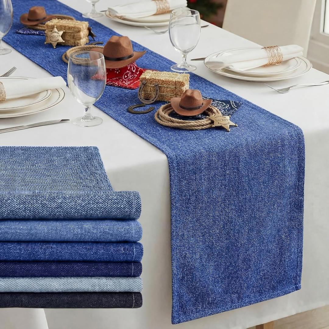 6 Pcs 72 x 13'' Blue Jean Baby Shower Table Runner Denim Baby Shower Decorations Washable Blue Denim Design Table Runner for Birthday Party Dining Kitchen Home Kitchen Decor
