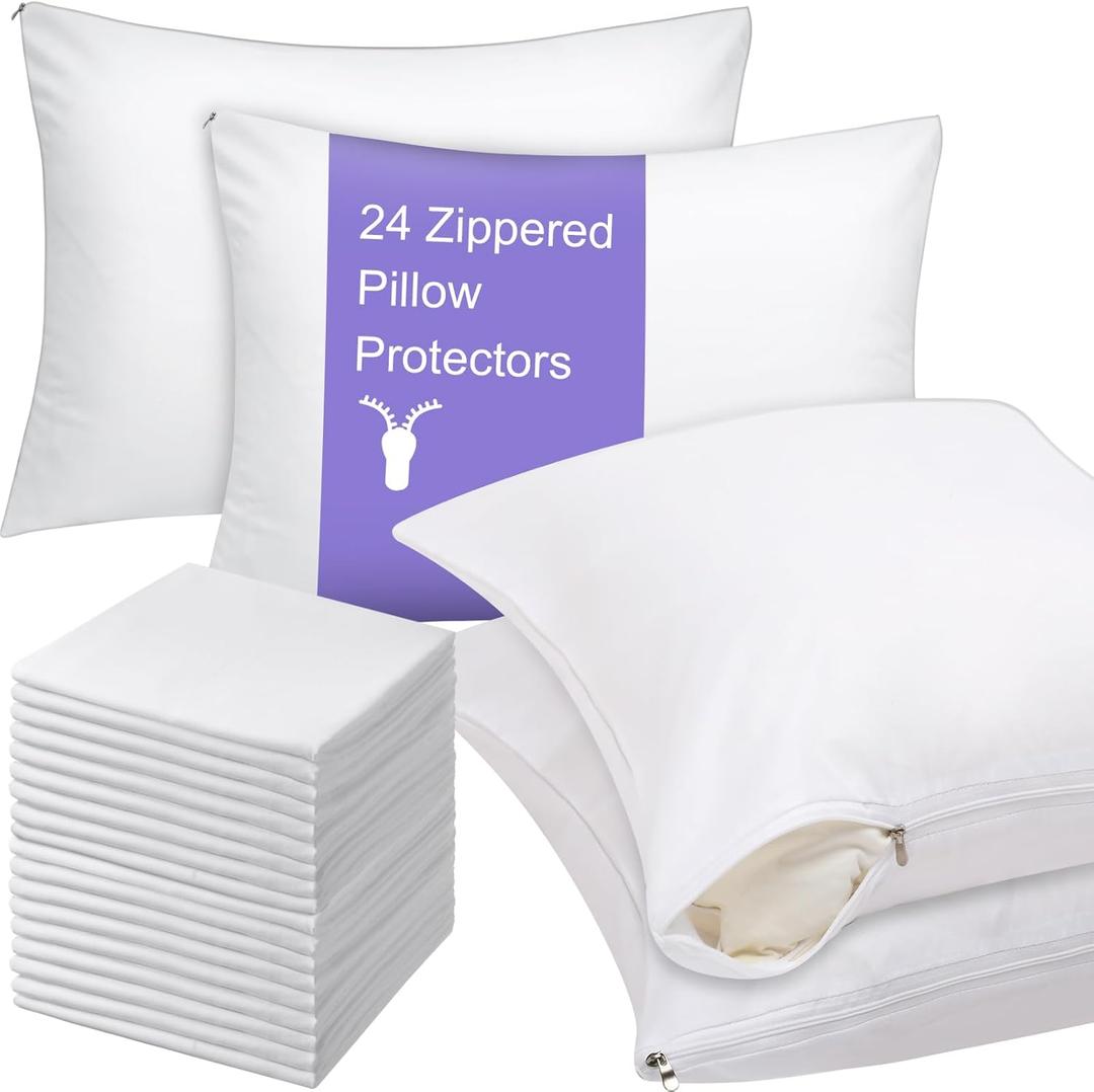 Shimeyao 24 Pcs Zippered Pillow Protectors Bulk Standard Bedding Pillow Cases Soft Breathable Cotton Sateen Dust Protection Covers White Cases for Home Hotel Rental (20 x 40 Inch)