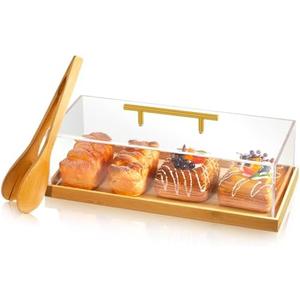 FoldTier 1 Set Rectangular Cake Tray with Lid 14" x 6" x 4" Bakery Pastry Dessert Display Case with Wood Base Acrylic Cake Stand Holder Serving Tray with Tong for Party Banquet Dessert Shop (Bamboo)