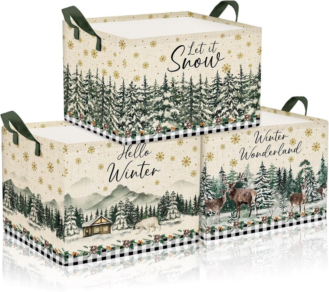 Geelin 3 Pcs Christmas Winter Baskets Wonderland Storage Basket for Gifts Collapsible Waterproof Canvas Xmas Reindeer Storage Bin Organizer with Handles for Book Closet Shelf Nursery Decor
