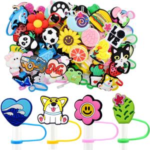 Random Different 50PCS 0.4in Straw Covers Cap Dust Proof Cute Reusable Drinking Straw Toppers PVC for 9-10mm Tumbler Cup Straws Accessories