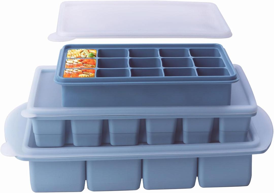 3-Pack Silicone Freezer Trays with Lid,4 Large 1-Cup(250ml)&6 Medium 1/2-Cup(125ml)&15 Small 2 Tbsp(30ml) Soup Freezer Container Molds,Ice Cube Tray For Meal Prep&Freezing Soup,Herbs (Blue 3 Pack)