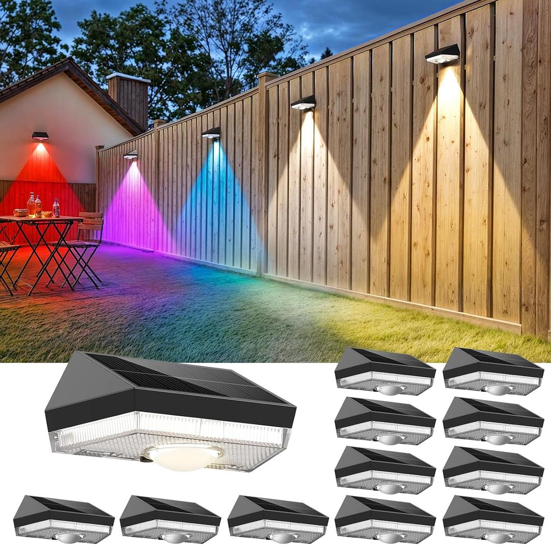 Solar Fence Lights,Warm White & Cool White & RGB 7Colors  Color Changing Mode IP65 Waterproof Solar Lights Outdoor for Deck/Patio/Backyard/Wall/Pool/Fence/Railing/Step(12Pack) (Black)