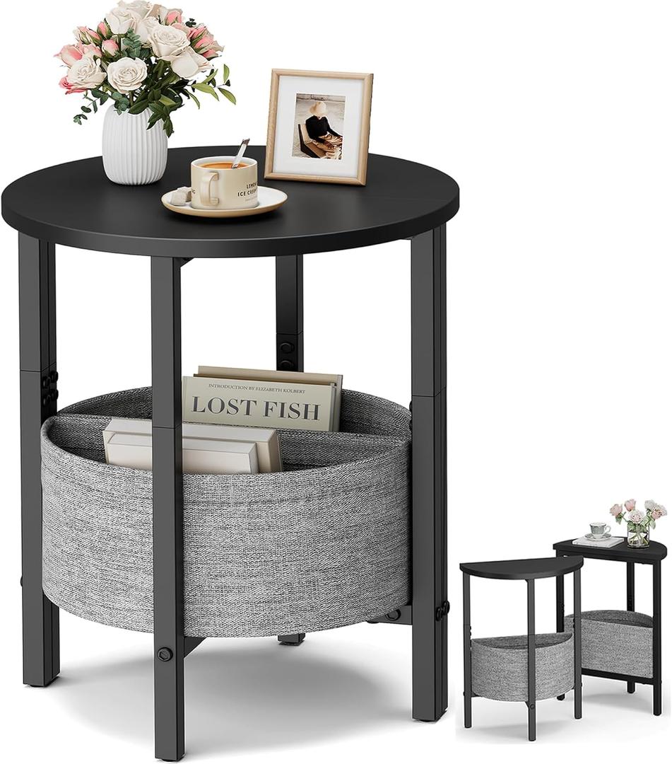 Vagusicc Small Round Side Table End Table, Tall Accent Table with Storage Basket, Set of 2 Half Round Tables Half Moon Tables, Coffee Bedside Tables, Modern Nightstand for Living Room Bedroom, Black