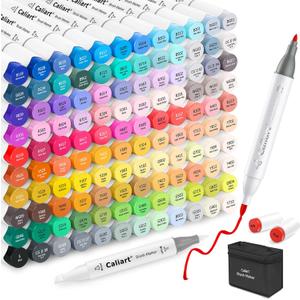 Caliart 121 Colors Alcohol Markers Brush Tip, Dual Tip Artists Coloring Markers Set Brush & Fine, Permanent Alcohol Based Colored Sketch Pens, Art Supplies Gifts for Adults Illustration Drawing