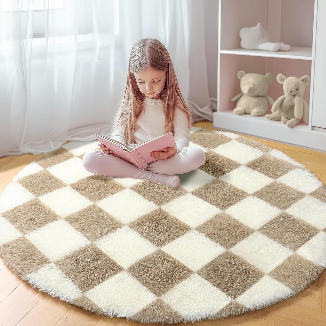 KICMOR Round Rugs for Bedroom, 4ft Fluffy Soft Circle Area Rug Beige and Cream White Checkered Shag Shaggy Carpet Small Living Room Circular Rug for Kids Boys Girls Dorm Nursery Home Decor Aesthetic