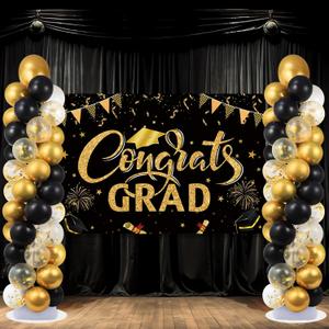 2 Sets Graduation Balloon Column Stand Kit with Congrats Grad Backdrop and 100 Black Gold Balloons Adjustable Balloon Tower Stand with Bases for Floor 2025 School Grad Birthday Party Decor