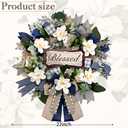 Waipfaru 22 Inch Spring Summer Wreath, Magnolia Wreaths for Front Door with Eucalyptus & Blue Grey Burlap Bow, Year Round Wreaths for Porch Farmhouse Patio Door Decor All Season (1 Pcs)