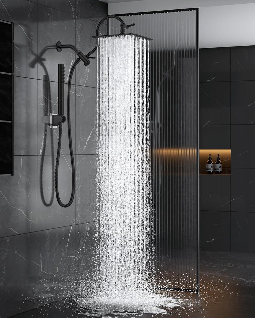 All Metal Dual Shower Head Combo with Curved Extension Arm, 10" High Pressure Rain Shower Head with Handheld Spray, Square Adjustable Rainfall Showerhead System, 71" Extra Long Shower Hose, Black