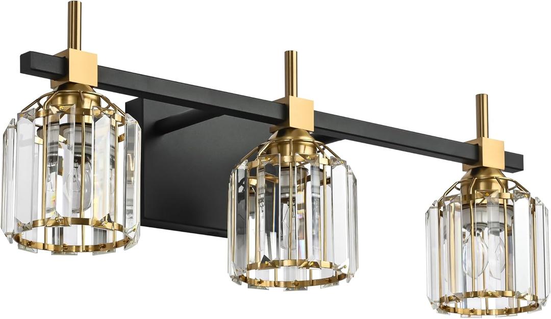 SOLFART Crystal Bathroom Light Fixtures 3 Light Bathroom Vanity Light Over Mirror Vanity Light Fixture Vintage Lighting 3T (Black Bronze+Clear Crystal Shade)