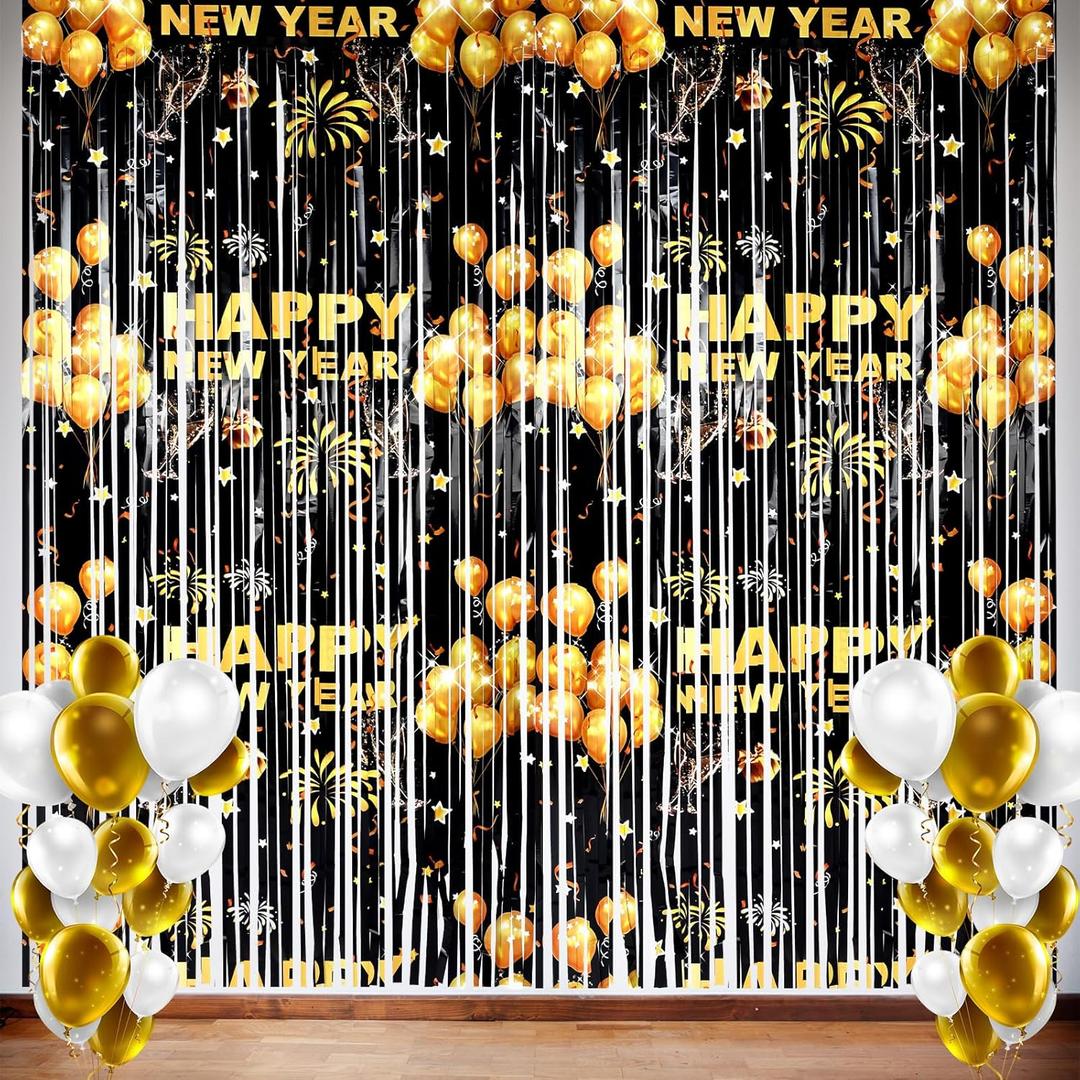 2 Pack Happy New Year Party Decorations 2026 Black and Gold Happy New Year's Eve Foil Curtains Metallic Fringe Tinsel Curtain 2026 Party Backdrop Supplies 3.3 x 6.6 ft Photo Prop Streamer
