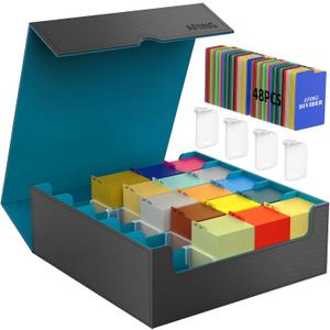 AFIING 4-Row Trading Card Storage Box  Holds 3200+ Cards, 48 Dividers & 4 Stoppers, Card Deck Box for MTG TCG Sports Cards  Includes 1 Dice Bag(Black Cyan)