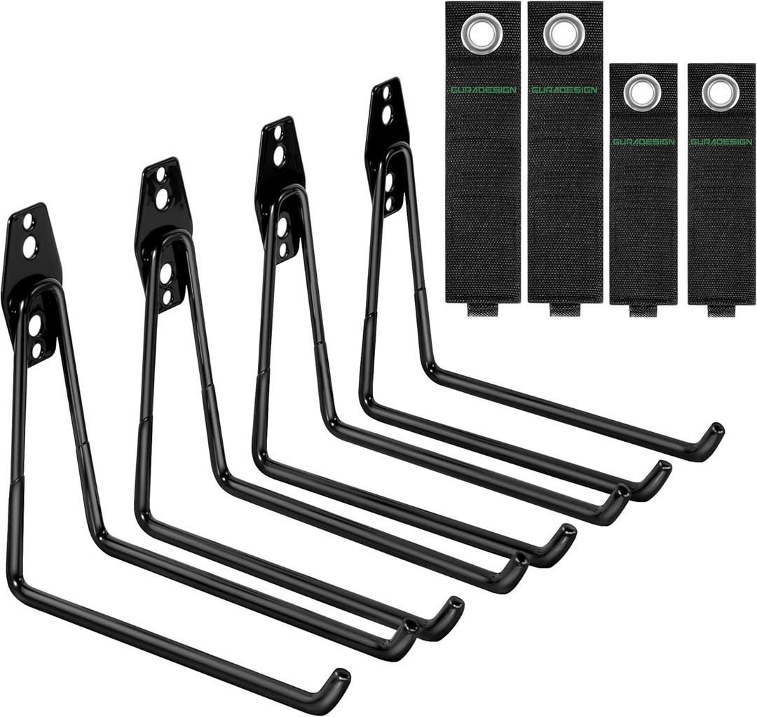 GURADESIGN 4-Piece Garage Hooks Wall Mount Storage Hanger with 4 Extension Cord Holder Organizer, Heavy-Duty Steel, 7.5 inch Ladder Hooks for Garage Wall