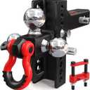 TYT Adjustable Tri-Ball Trailer Hitch for 2 inch Receiver, 4.5" Drop/Rise, Triple Balls (1-7/8", 2", 2-5/16") with Tow Hook & Shackle, 10,000 lbs GTW, 1,000 lbs TW, Pin Lock & Hitch Tightener