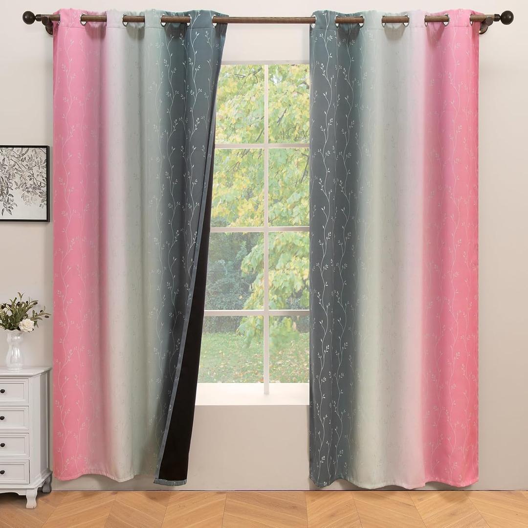 ColorBird Blackout Curtains for Girls Bedroom Decor 84 Inch Length 2 Panels Set Floral Pink Grey Ombre Thermal Insulated Window Treatment Modern Patterned Curtain Drapes for Living Dining Room Closet