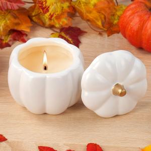 Fall Candles with Ceramic Pumpkin Jar-Pumpkin Spice Candle for Home, Autumn Pumpkin Candle Decor- Halloween Thanksgiving Gift White