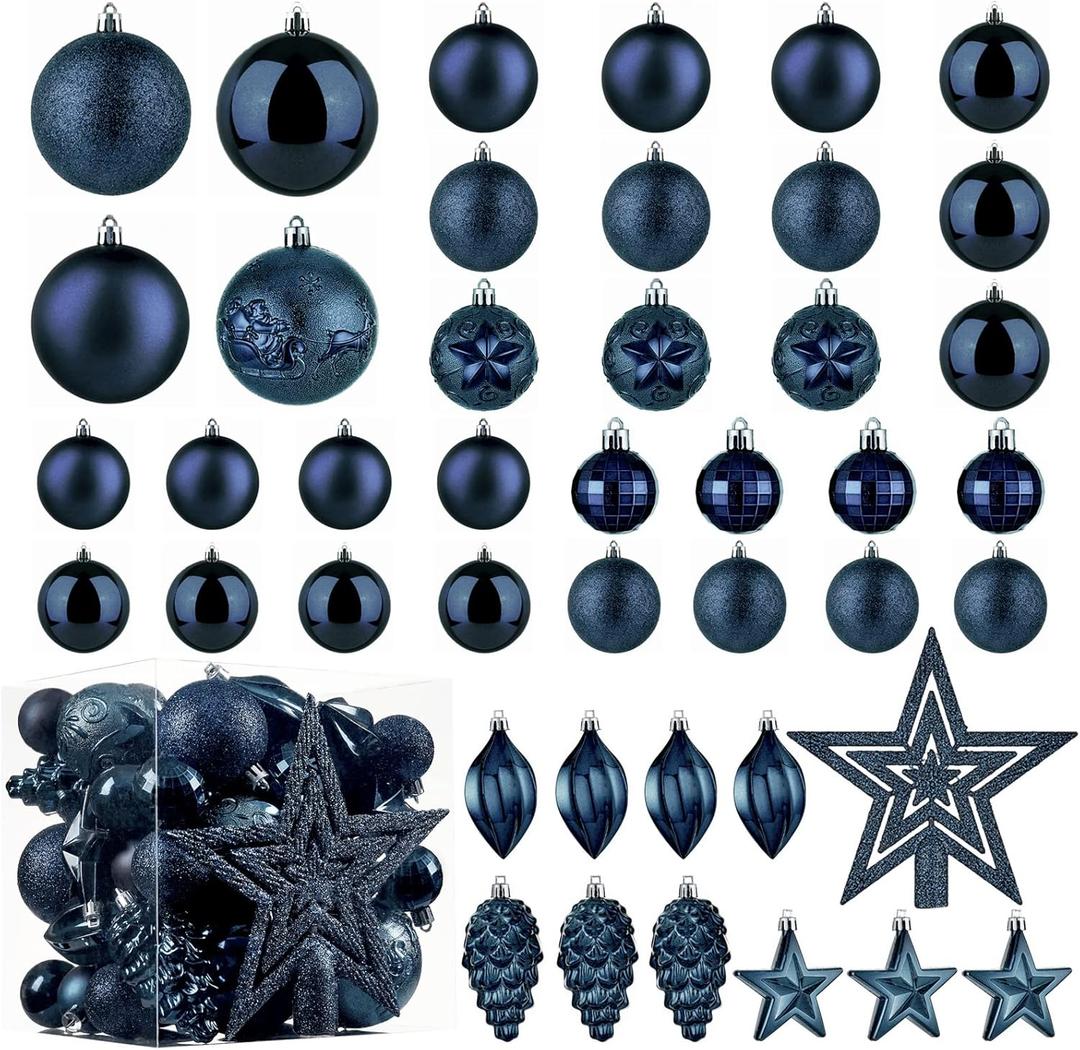 Christmas Ball Ornaments - 43pcs Shatterproof Christmas Tree Decorative Hanging Ornaments with Loop for Xmas Holiday Party Wreath Home Decoration, Dark Blue(Combo of 10 Ball and Shaped Styles)