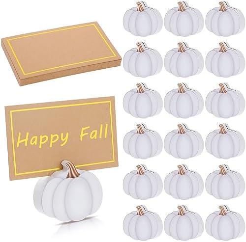 Tradder 16 Pcs Thanksgiving Place Card Holders with Gold Foil Pumpkin Card Harvest Mini Pumpkin Name Photo Picture Stand Holder for Thanksgiving Decorations Wedding(White)