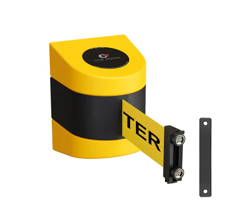 Crowd Control Warehouse - CCW Series WMB-125 Fixed Wall Mount Retractable Belt Barrier - 11 Foot, Black and Yellow Diagonal Stripes Belt with Black Steel Case