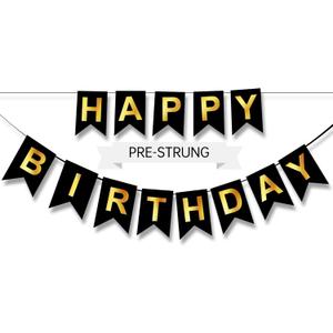 Happy Birthday Banner,Pre-Strung Black and Gold Party Decorations16ft Pre-Strung Hanging Sign for Kids, Girls, Boys, Women  No DIY, Backdrop Supplies