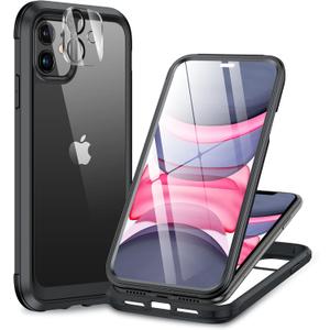 Miracase Glass Series for iPhone 11 Case 6.1 inch, Upgraded Full-Body Rugged Phone Bumper Case Cover with Built-in 9H Tempered Glass Screen Protector and Camera Protector, Black