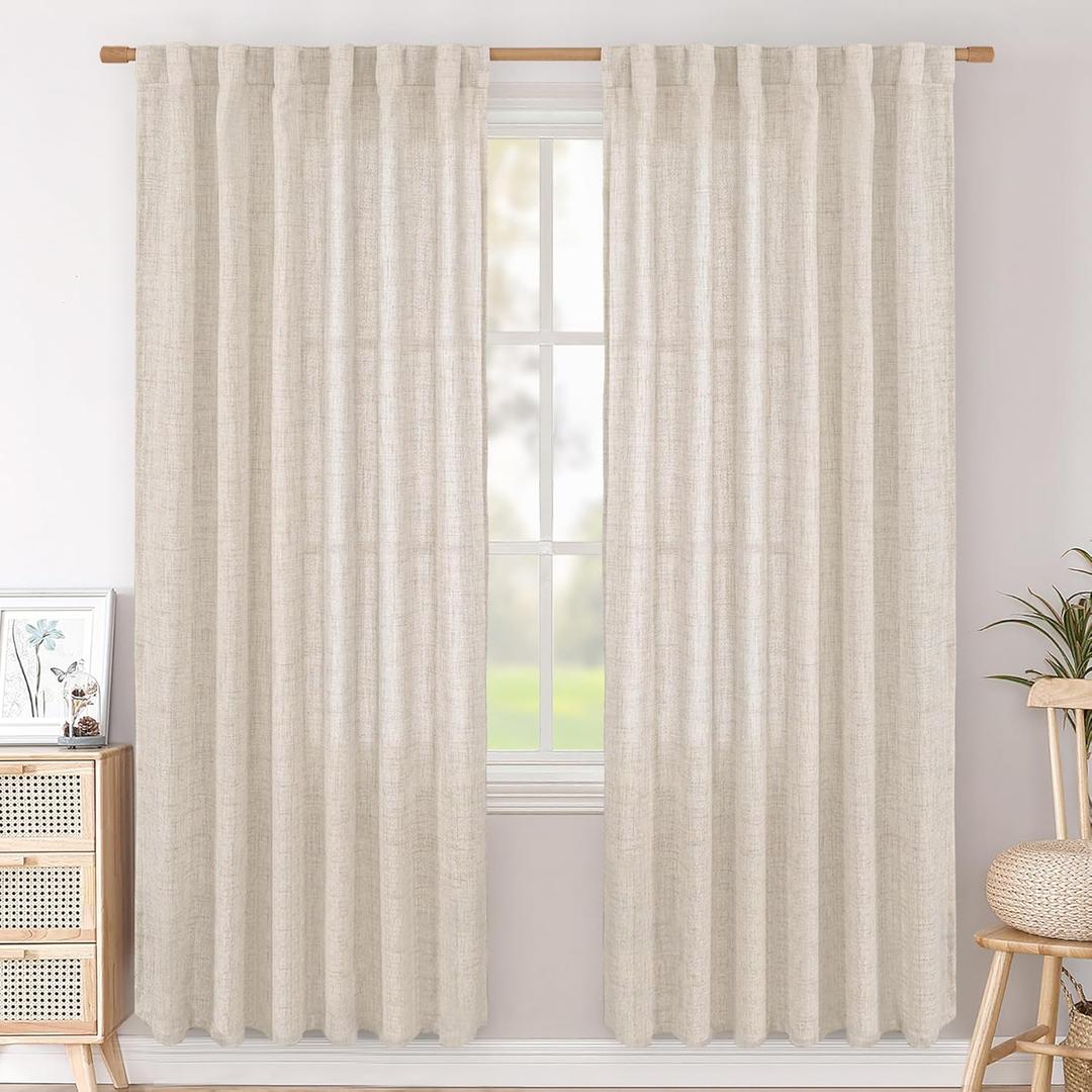 BGment Linen Curtains 80 Inch Length 2 Panels for Living Room, Boho Semi Sheer Window Drapes Textured with Back Tab Rod Pocket for Farmhouse Bedroom Dining Light Filtering, 52 Inch Wide Each Panel