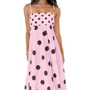 chouyatou Women's Elegant Polka Dot Maxi Dress Back Smocked Spaghetti Strap Ruffle Swing Long Dress with Pocketsб Size: X-Large
