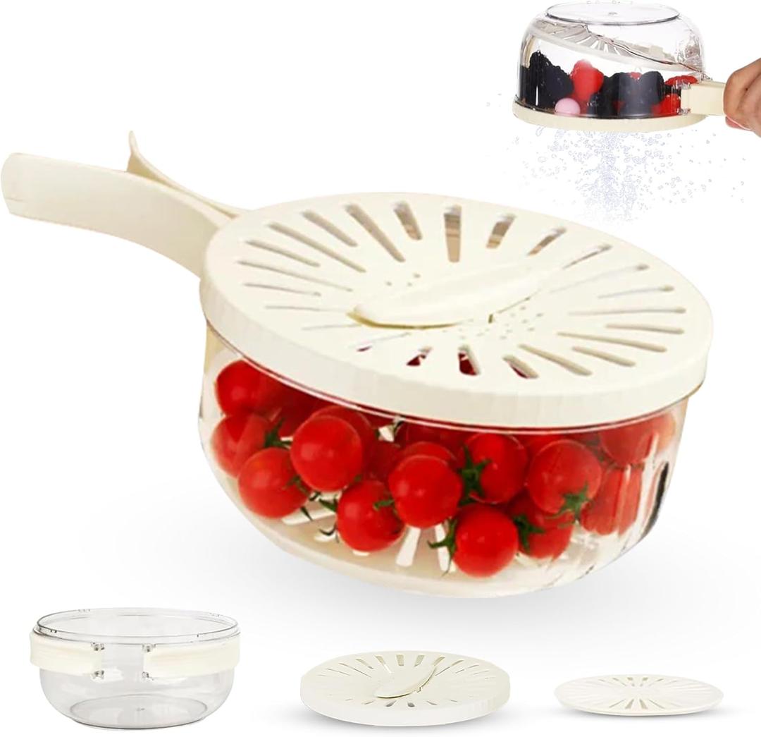 Multifunctional Fruit Washing Bowl with Strainer,Strainer Container with Lid,2 in 1 Drain Basket with Foldable Handle,Berry Fruit Fridge Container for Refrigerator,Kitchen Sink for Washing,Storage