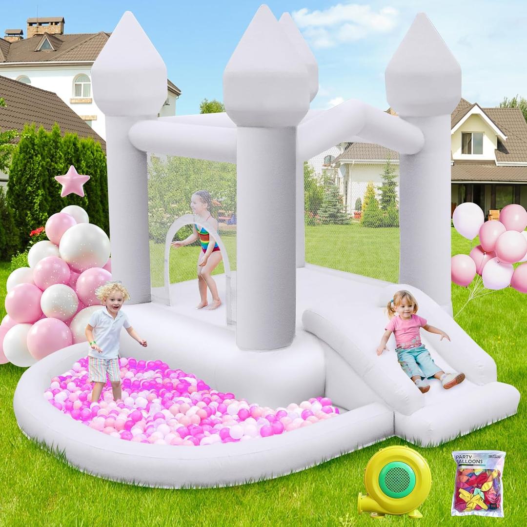 FBSPORT White Bounce House, Inflatable Bouncer with Air Blower,Indoor & Outdoor Bouncy Castle with Big Ball Pit for Wedding Party Kids Birthday Party, Easy to Install
