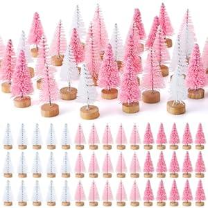 Sumind 48 Pcs 1.78 Inch Mini Christmas Trees Decor Artificial Bottle Brush Trees with Sisal Wooden Base Frost Mini Pine for Xmas Winter Table Crafts Party DIY Gift(Pink, White)
