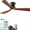 52in Smart Flush Mount Ceiling Fans with Lights,Outdoor Low Profile Wood Ceiling Fan Quiet DC Motor,Work with Alexa/Gg Voice Control/App/Remote,Dimmable,6-speed,3 Wood blades Fan for Patio,Dark Walnut