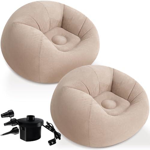 Sel Natural 2 Pack Inflatable Bean Bag Chairs with Electric Air Pump Inflatable Chairs Blow up Couch Folding Portable Inflatable Lazy Sofa for Movie Night Living Room Outdoor Camping (2, Coffee)