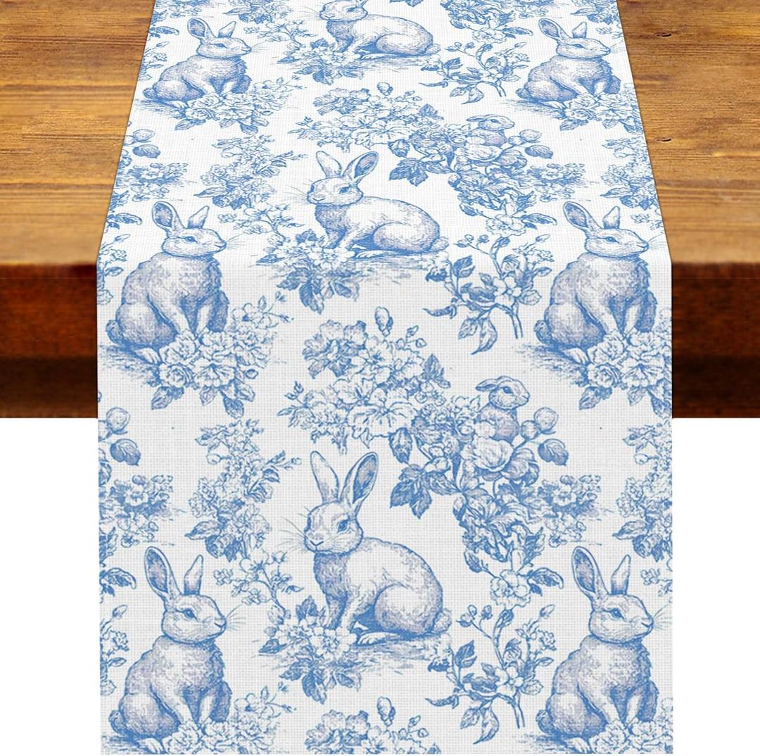 Chinoiserie Easter Table Runner Toile de Jouy Vintage Blue and White Bunny Spring Party Decoration Home Kitchen Dining Room Table Decor (Blue, 13" x 90")