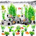 Gejoy 28 Pcs Aquarium Decorations Cave Fish Tank Accessories Green Plants Include 12 Ceramic Rock Cave and 16 Aquarium Plants for Betta Shrimp Cichlid Hideout Breeding Spawning