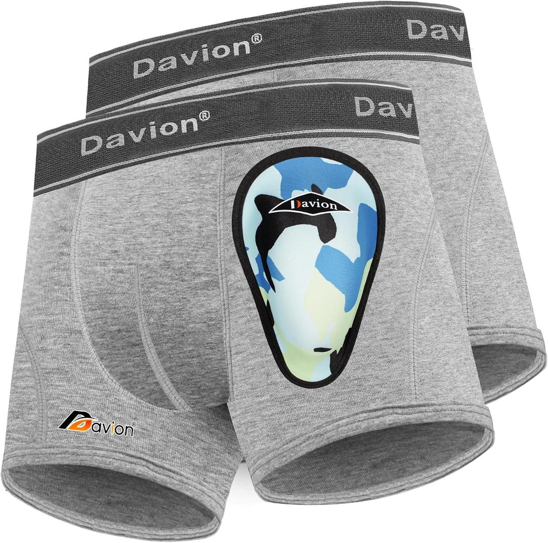 Davion 2-Pack Boys Underwear with 1 Soft Protective Athletic Cup Youth Briefs for Football, Baseball, Lacrosse (X-Large, Grey)