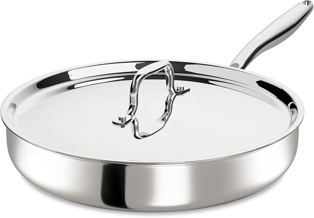 12 Inch Tri-Ply Stainless Steel Frying Pan, Frying Pan with Lid, PFOA/PTFE Free Skillet, Induction Cooking Pans, Dishwasher & Oven Broiler Safe 600F, Professional Cookware, Heavy Duty & Even Heat