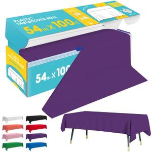 Purple Plastic Table Cover Roll - 54IN x 100FT, Table Cloth for Rectangle Table with Slide Cutter, Plastic Table Cloth Disposable with Cut-to-Size Design for Weddings, Banquets, Parties