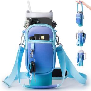 linmaya Water Bottle Carrier Bag with Phone Pocket for Stanley Cup 30oz,Insulated Neoprene Water Bottle Holder Cross-boday Bag with Adjustable Shoulder & Handheld Strap Stanley Cup Accessories (Dark Blue)