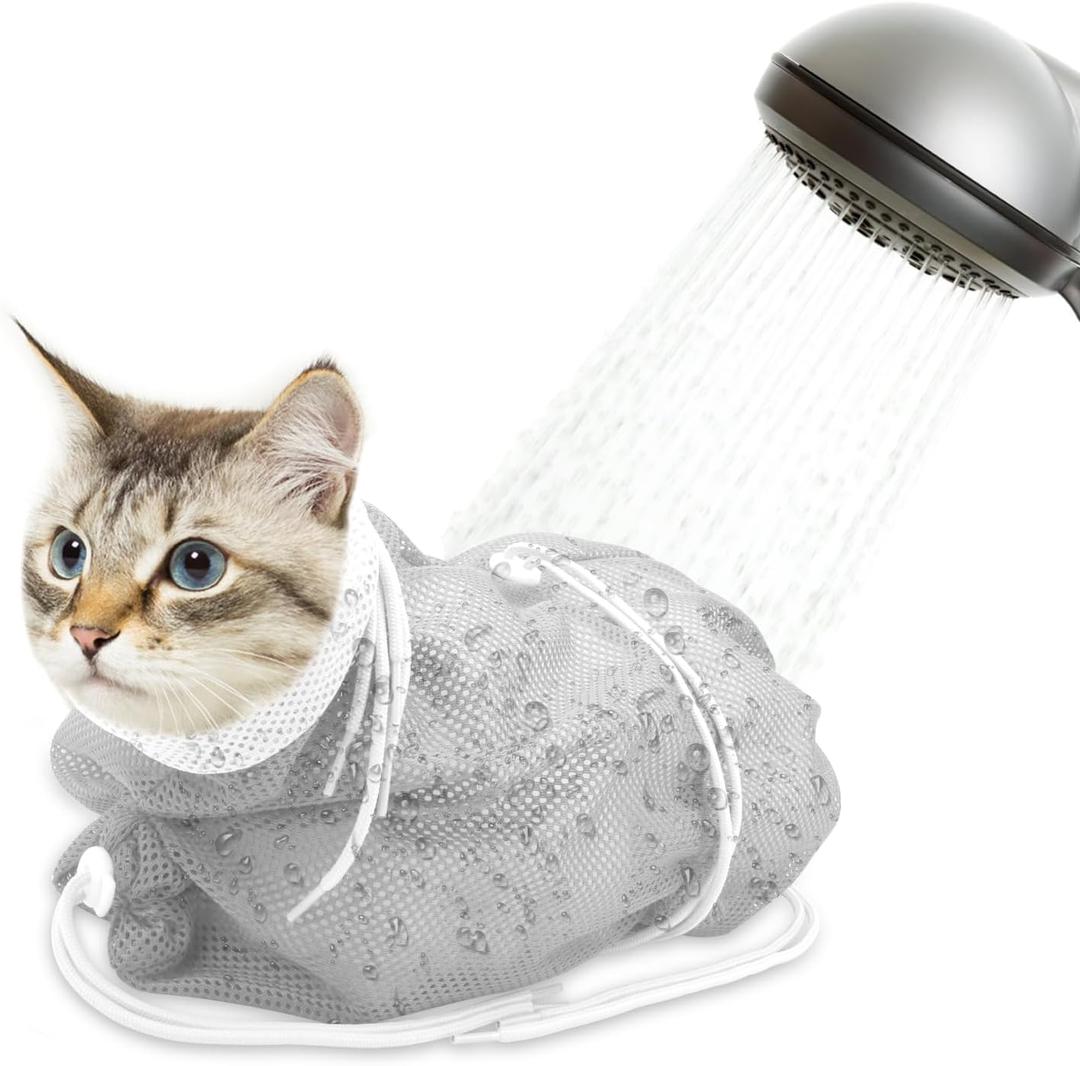 Cat Bathing Bag, Breathable Mesh Anti Scratch Adjustable Cat Grooming Bag for Nail Trimming, Bathing Polyester Soft Cat Washing Bag (White-Gray)