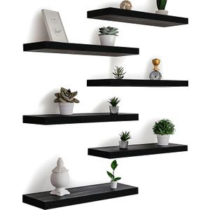 Wood Floating Shelves for Wall, Wooden Wall Shelves for Bedroom, Wall Mounted Shelves for Living Room, Set of 6 Black (17INCH)