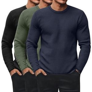 Ficerd 3 Pack Men's Waffle Long Sleeve Shirts, Crew Neck Thermal Underwear Tops Casual Pullover Sweaters Knit Undershirts.XL