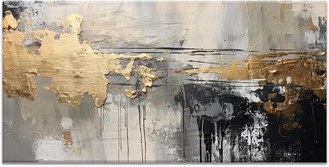 Black White and Gold Abstract Art Oil Painting Modern Living Room Decor Home Office Wall Decoration (40L" x 20W")
