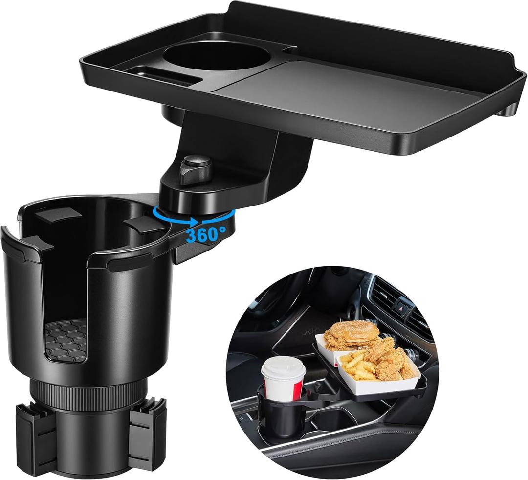 This Hill Cup Holder Tray for Car, 2 in 1 Detachable Car Food Table Tray with Solid Base & Phone Slot,Car Cup Holder Expander with 360Rotation Tray for Travel Road Essentials