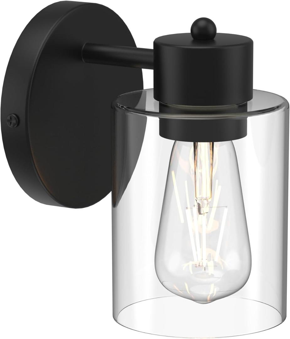 Kalium Wall Sconces, Matte Black Vanity Light Fixtures, Indoor Wall Lights with Clear Glass Shade, Hardwired Farmhouse Wall Lamp for Bedroom Living Room Bathroom (E26 Base 1pcs)