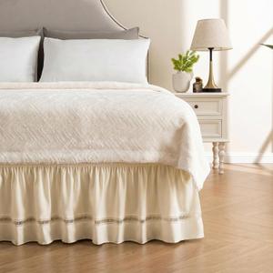 MIYE Wrap Around Ruffled Lace Bed Skirt, Elastic Dust Ruffle with Adjustable Belts, Easy to Put On, Bed Frame Cover, Machine Washable (Ruffled Lace/Light Beige, King/Queen-15 Drop)
