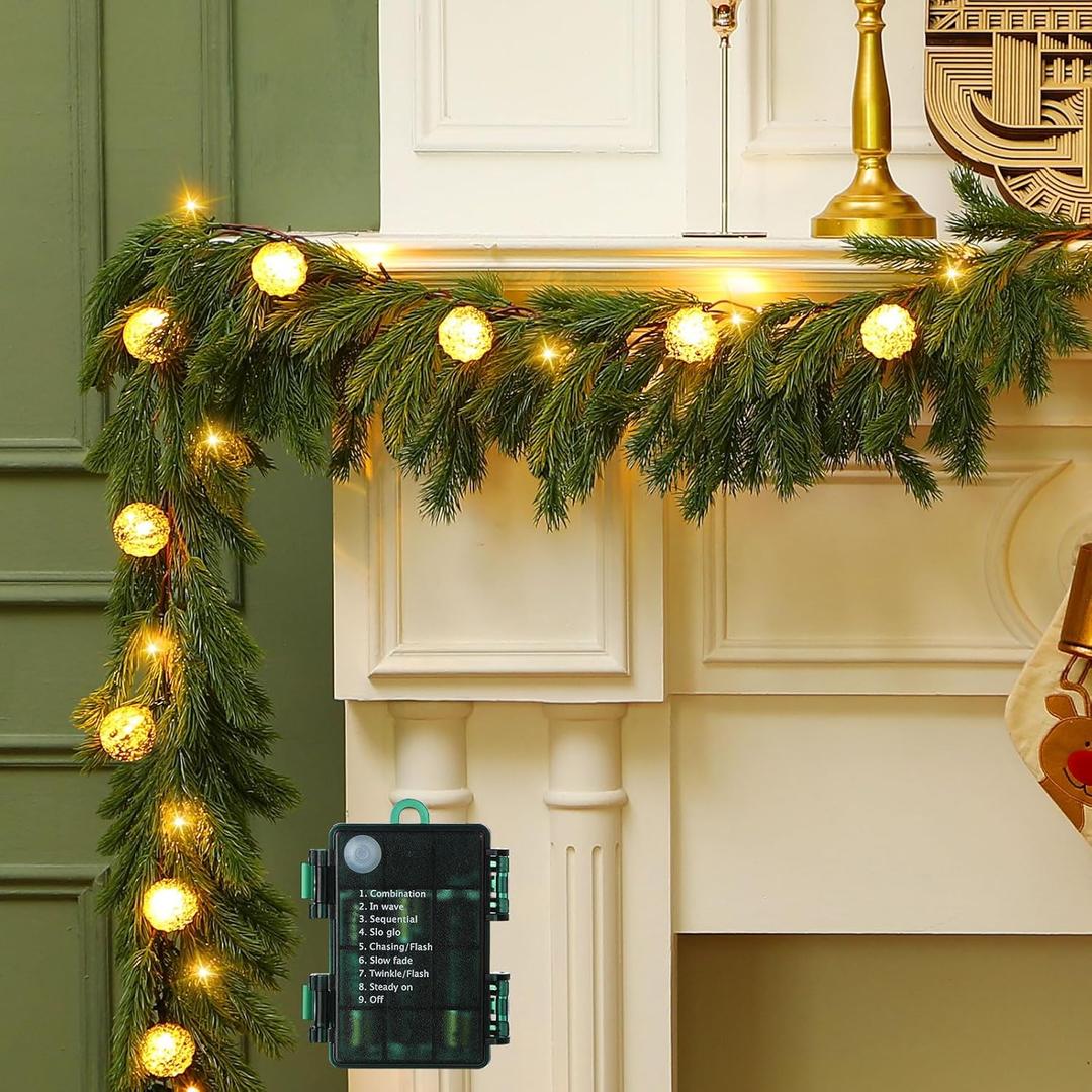 Ceenna 6.2FT Pre Lit Christmas Cedar Garland with Lights Artificial Pine Garland Christmas Decorations with Ball Ornaments,8 Modes Timer Battery Operated for Outdoor Indoor(Gold)