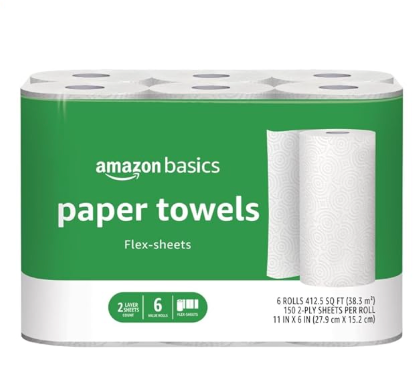Amazon Basics Paper Towels 2-Ply Flex-Sheets 6 Basics Rolls, Everyday Value with 150 Sheets per Roll,  
