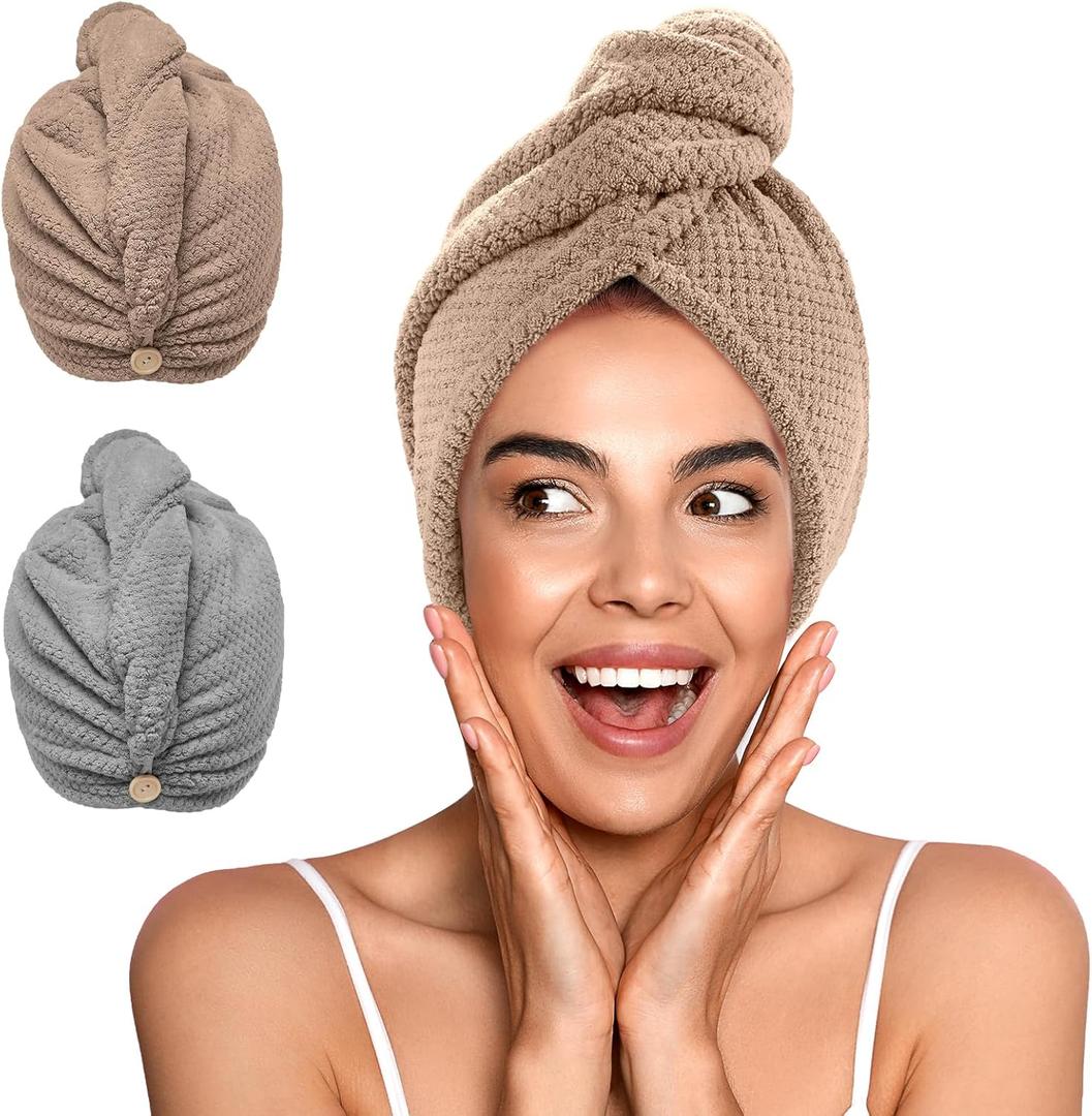 YFONG 2 Pack Microfiber Hair Towel Wrap for Women, Super Absorbent Quick Dry Hair Turban for All Hair Style Anti Frizz, Large Hair Drying Towel with Button (Standard: 26"X10", Gray/Brown)