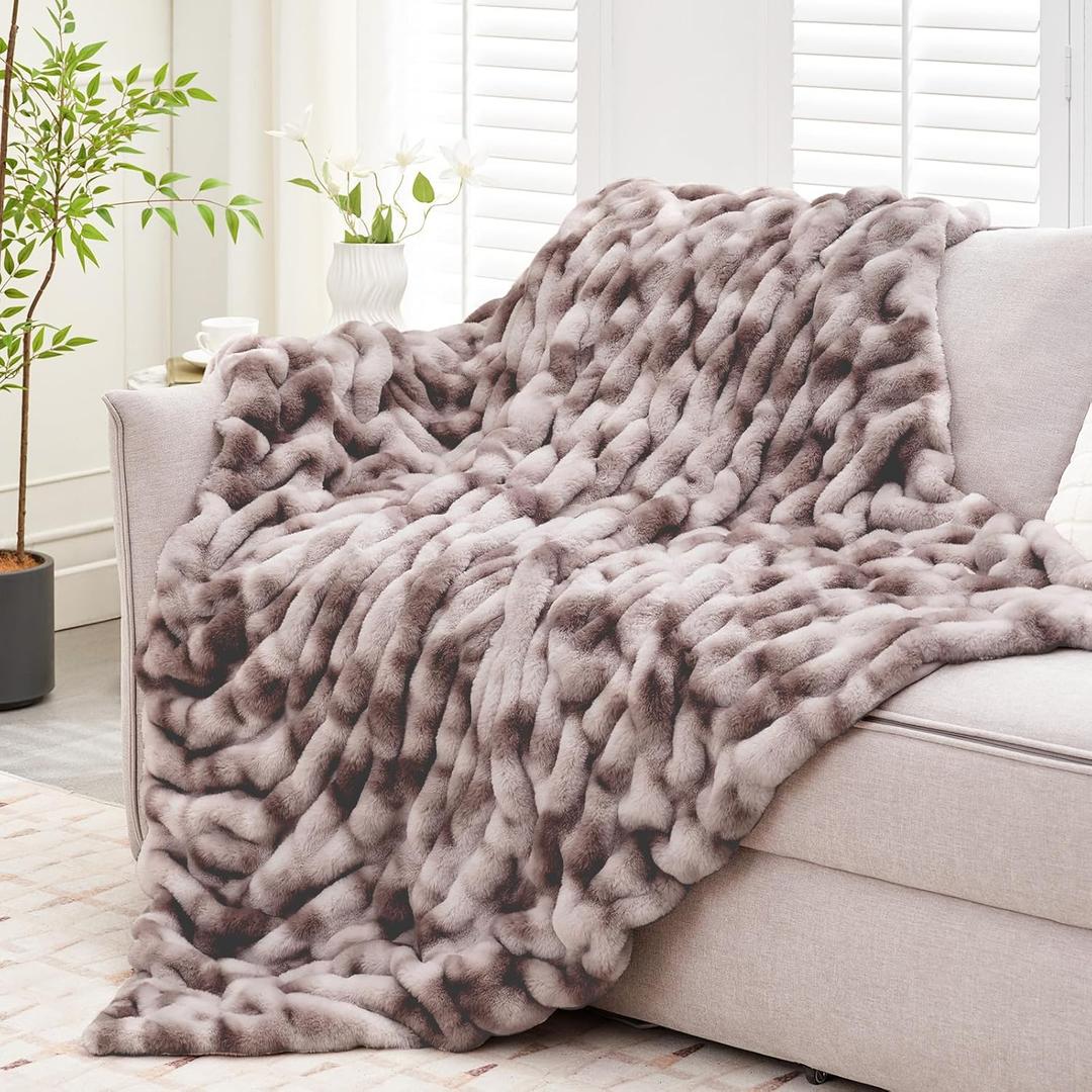 Ultra Soft Luxury Faux Fur Throw Blanket for Counch,Fuzzy Fluffy Plush Warm Cozy Elegant Wrinkled Blanket for Sofa Bedroom Living Room,50"x60",Tie-dye Taupe