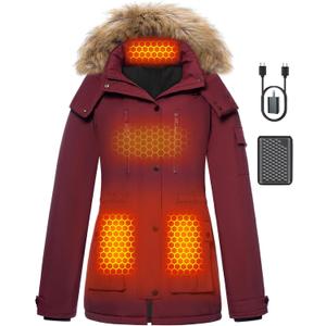 Graphene Heated Jacket for Women with Large Capacity Battery Pack Waterproof Windproof (Small, Burgundy)
